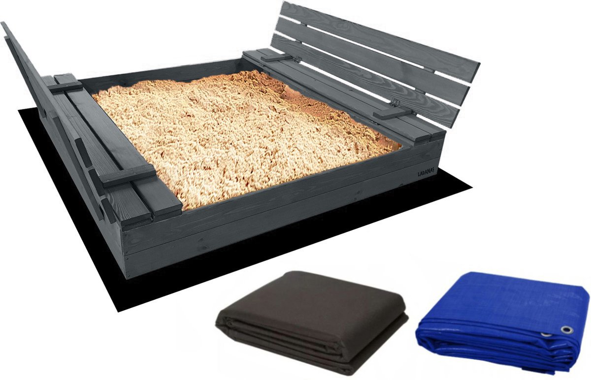 Afsluitbare XL Zandbak met Banken 140x140 cm – GECERTIFICEERD & GEÏMPREGNEERD HOUT | Incl. Afdekzeil & Gronddoek | Voor 2-3 Kinderen